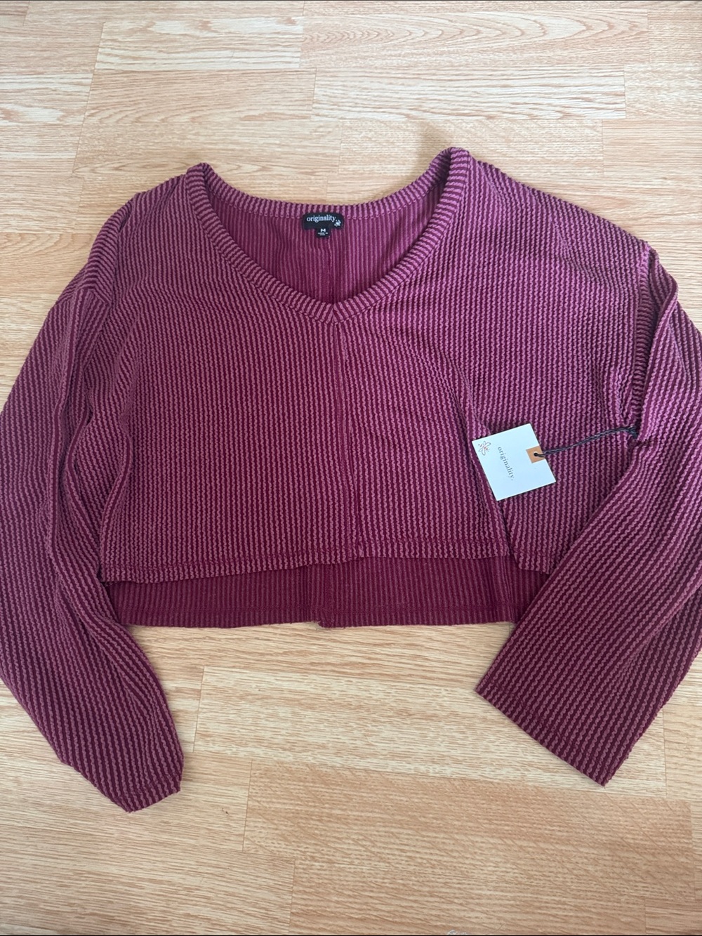 Wine Ribbed V-Neck Cropped Sweater